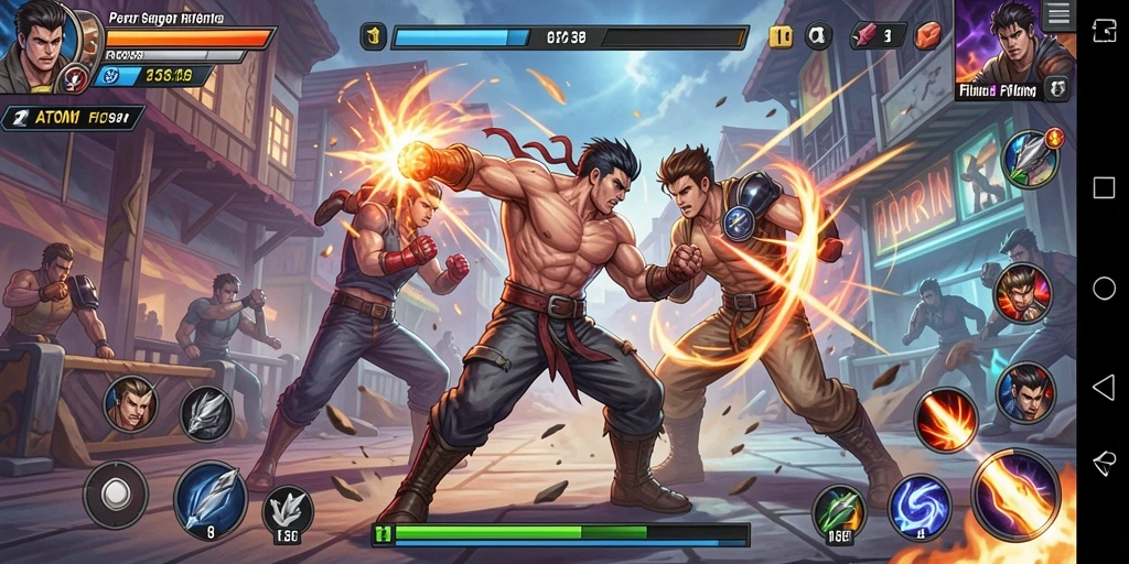 Screenshot gameplay ATOM138 menampilkan pertarungan yang penuh aksi dan karakter yang dinamis.
