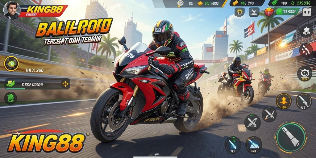 Tampilan gameplay KING88 menunjukkan balapan motor yang cepat dan seru.