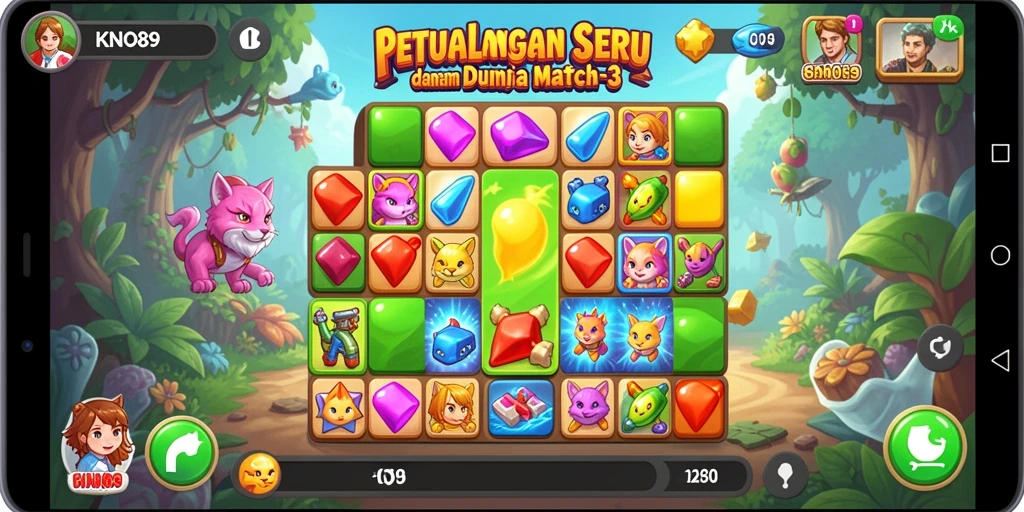 Screenshot gameplay KNO89 menampilkan aksi Match-3 yang seru dan penuh warna.