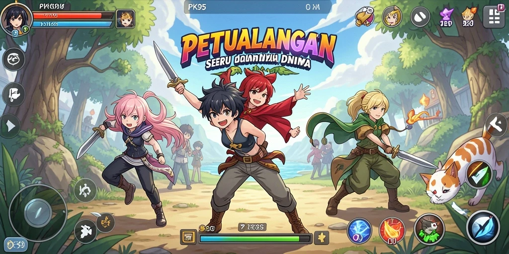 Tangkapan layar dari gameplay PK95 menampilkan karakter anime yang dinamis.